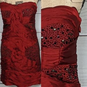 NIKIBIKI Strapless Red Dress w/Black Beads sz L